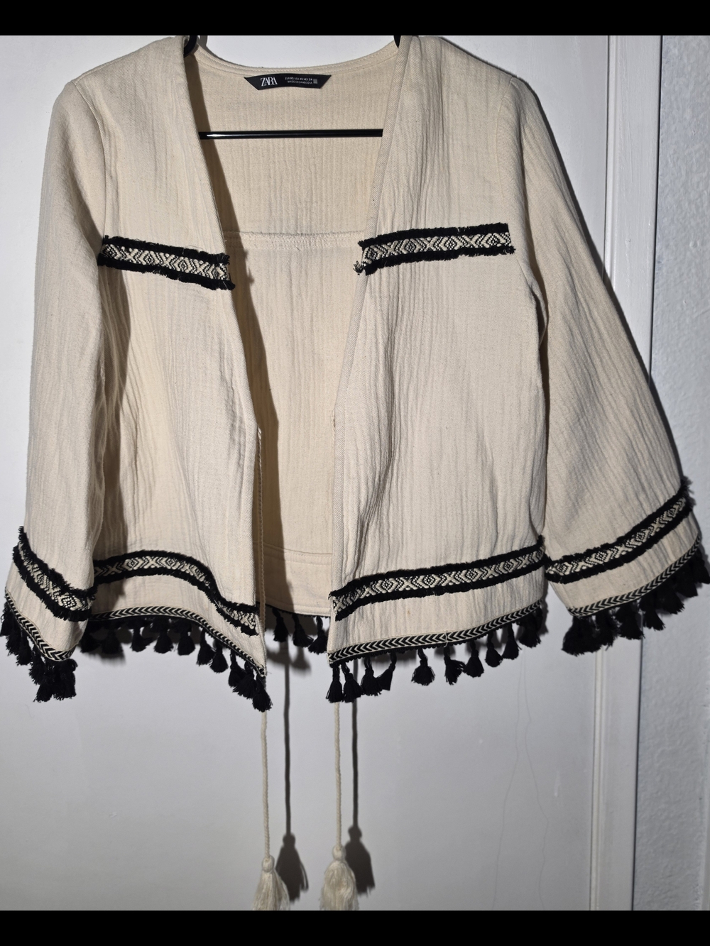 Zara Cream Open-Front Tassel Trim Jacket with Black Accents